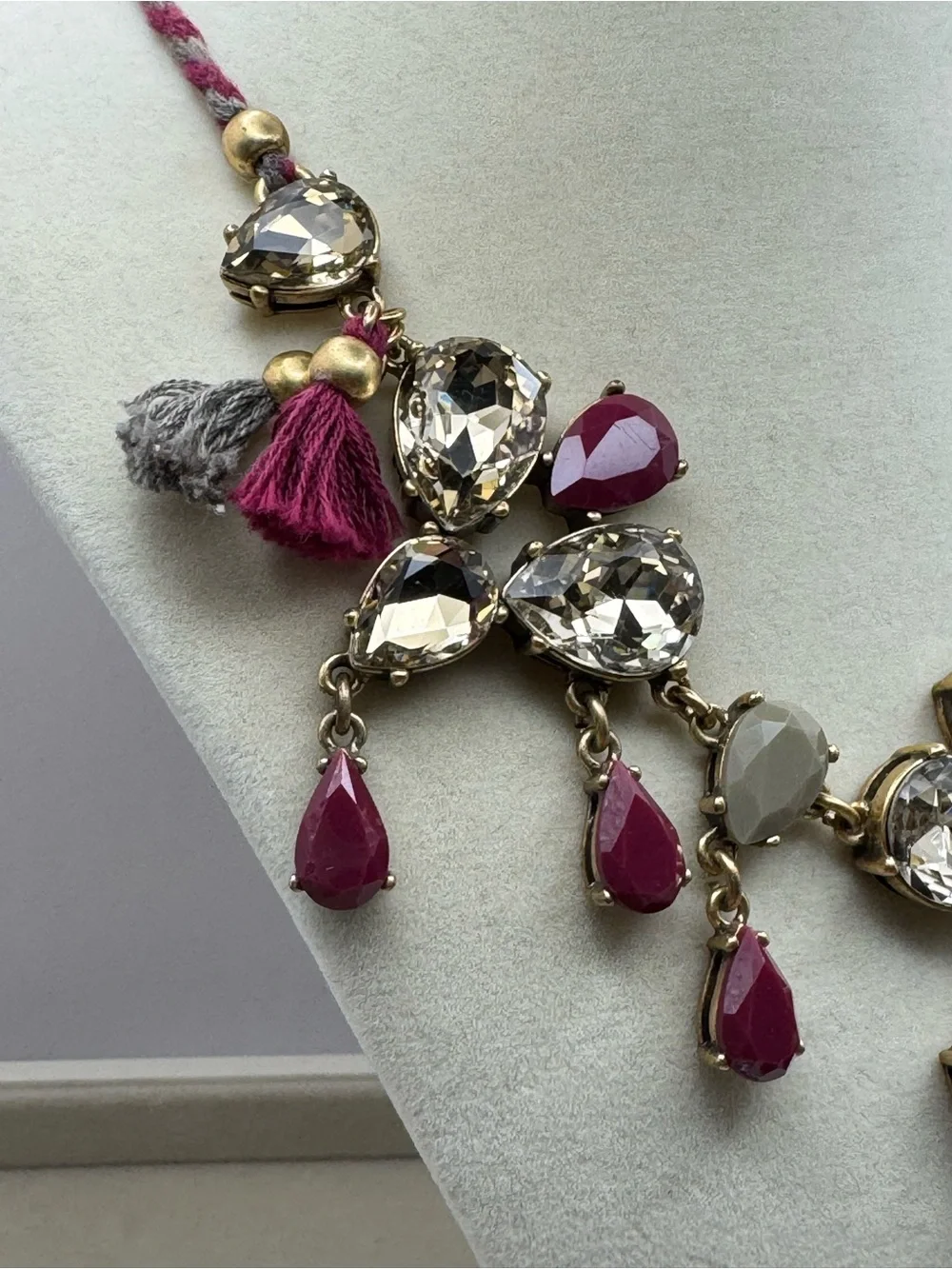 J. Crew Plum and Champagne Crystal Statement Necklace with Tassels